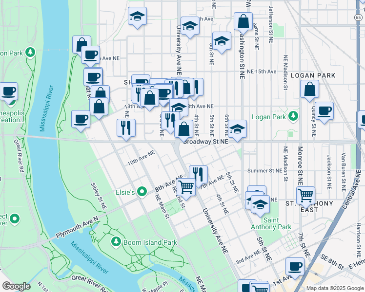 map of restaurants, bars, coffee shops, grocery stores, and more near 300 Broadway Street Northeast in Minneapolis