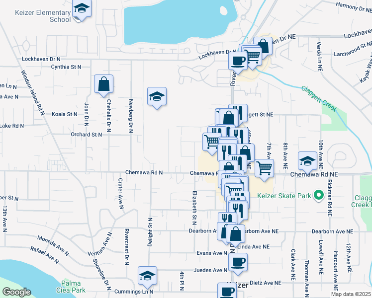 map of restaurants, bars, coffee shops, grocery stores, and more near 5068 4th Place North in Keizer