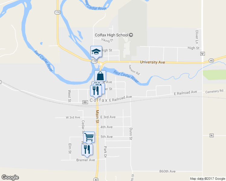map of restaurants, bars, coffee shops, grocery stores, and more near 510 River Street in Colfax