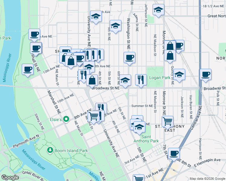 map of restaurants, bars, coffee shops, grocery stores, and more near 500 Broadway Street Northeast in Minneapolis