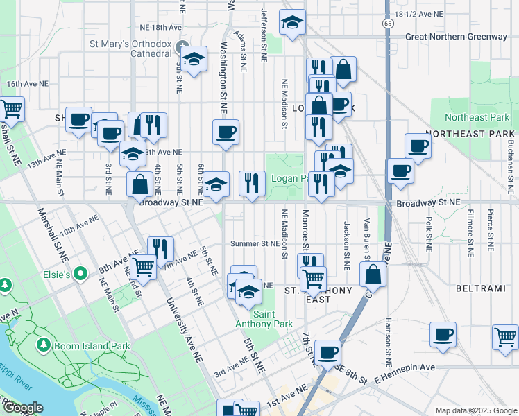 map of restaurants, bars, coffee shops, grocery stores, and more near 754 Jefferson Street Northeast in Minneapolis