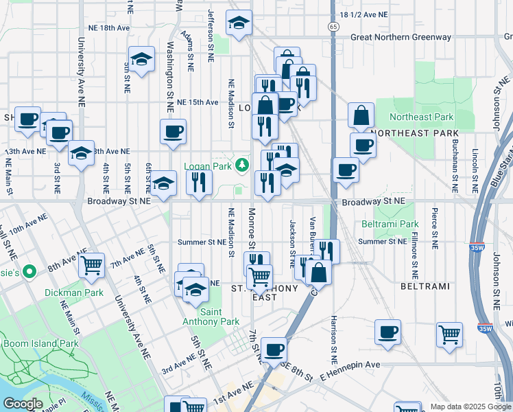 map of restaurants, bars, coffee shops, grocery stores, and more near 755 Monroe Street Northeast in Minneapolis