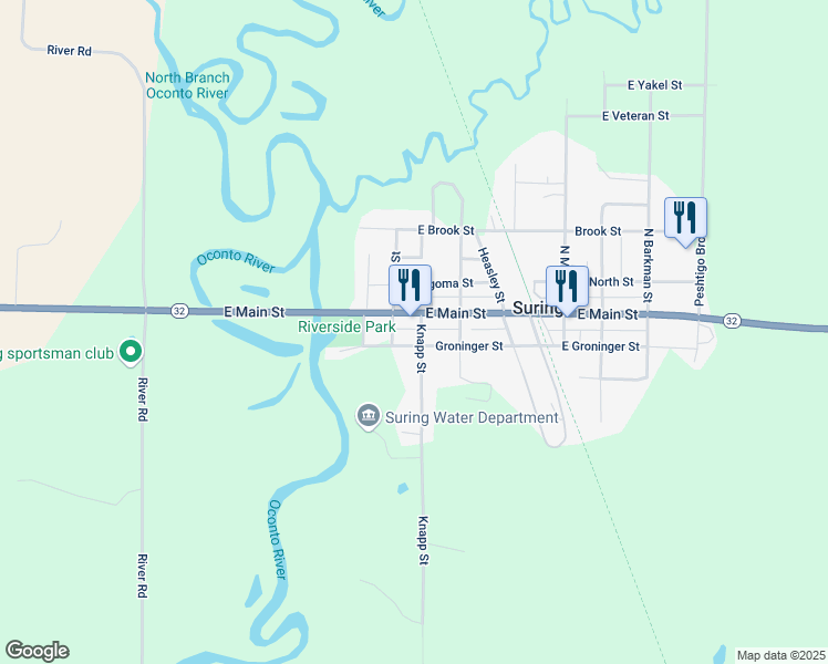 map of restaurants, bars, coffee shops, grocery stores, and more near 113 Knapp Street in Suring