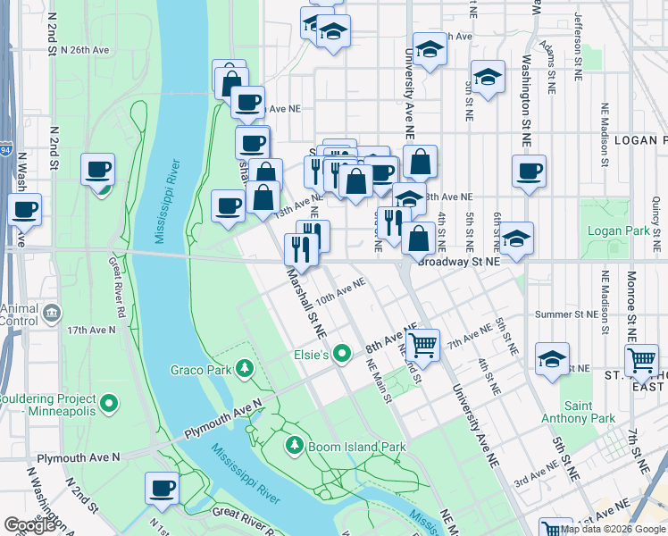 map of restaurants, bars, coffee shops, grocery stores, and more near 1027 Northeast Main Street in Minneapolis