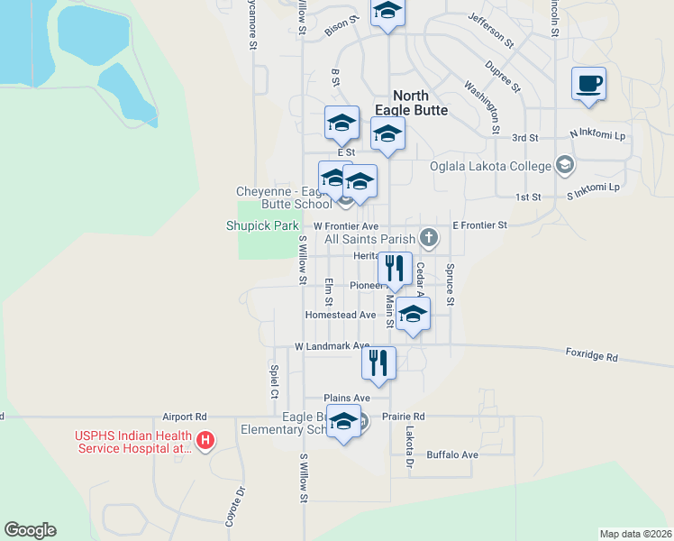 map of restaurants, bars, coffee shops, grocery stores, and more near 347 North Elm Street in Eagle Butte