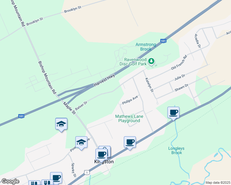 map of restaurants, bars, coffee shops, grocery stores, and more near 742 Balser Drive in Kingston