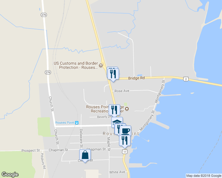 map of restaurants, bars, coffee shops, grocery stores, and more near U.S. 11 in Rouses Point