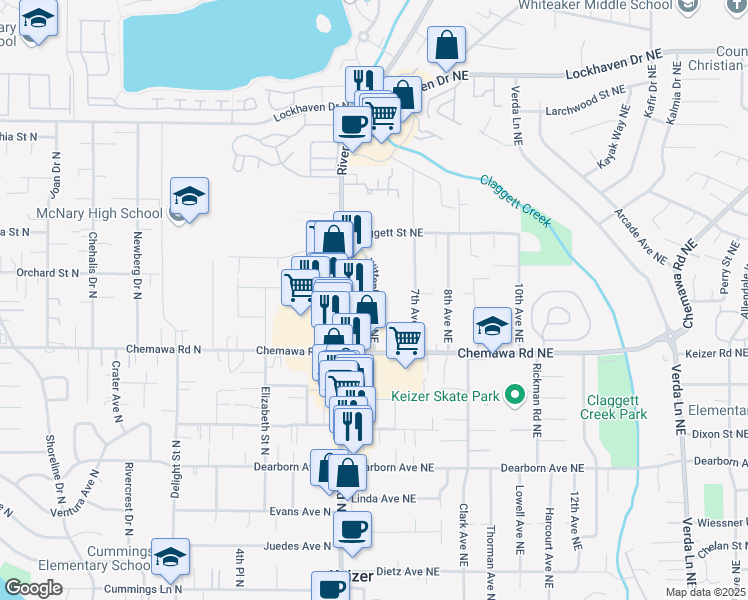 map of restaurants, bars, coffee shops, grocery stores, and more near 5120 Wittenberg Lane Northeast in Keizer