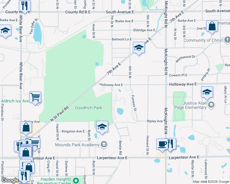 map of restaurants, bars, coffee shops, grocery stores, and more near 1892 Beebe Road in Saint Paul