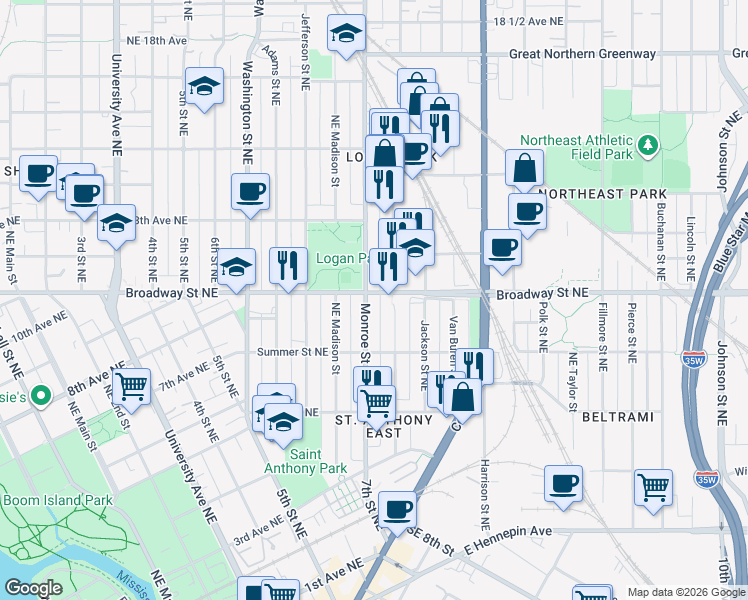 map of restaurants, bars, coffee shops, grocery stores, and more near 755 Monroe Street Northeast in Minneapolis
