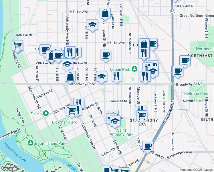 map of restaurants, bars, coffee shops, grocery stores, and more near in Minneapolis