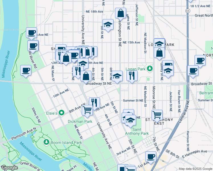 map of restaurants, bars, coffee shops, grocery stores, and more near 500 Broadway Street Northeast in Minneapolis