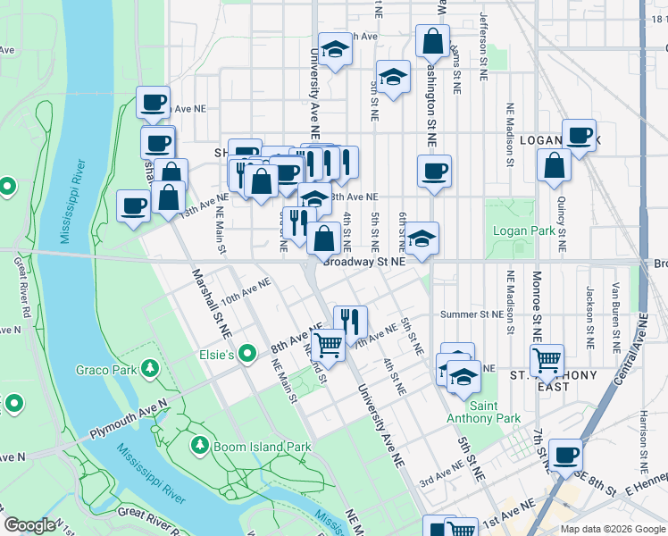 map of restaurants, bars, coffee shops, grocery stores, and more near 300 Broadway Street Northeast in Minneapolis
