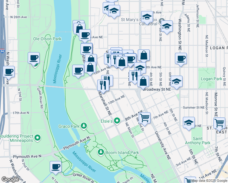 map of restaurants, bars, coffee shops, grocery stores, and more near 1027 Northeast Main Street in Minneapolis