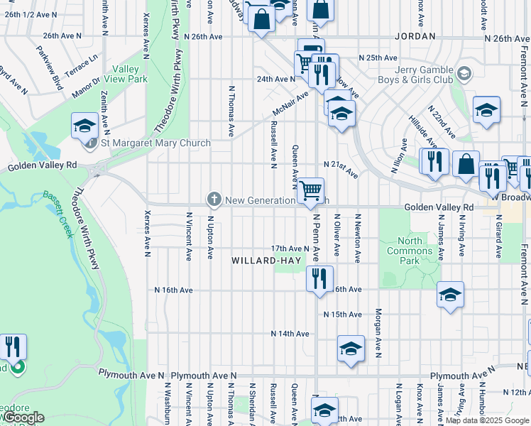 map of restaurants, bars, coffee shops, grocery stores, and more near 2427 Golden Valley Road in Minneapolis