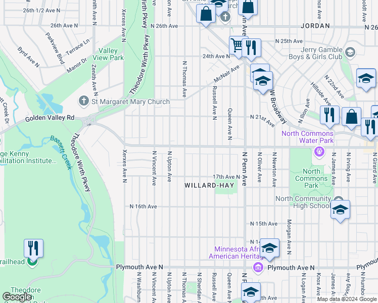 map of restaurants, bars, coffee shops, grocery stores, and more near 2601 Golden Valley Road in Minneapolis