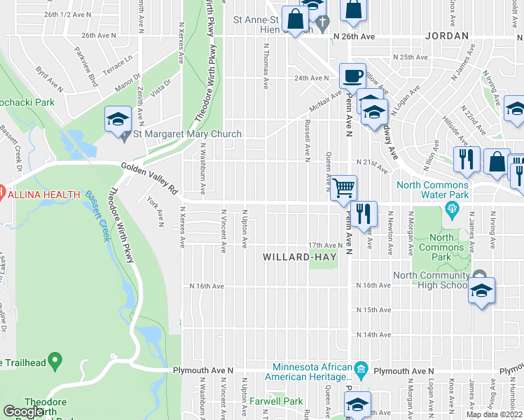 map of restaurants, bars, coffee shops, grocery stores, and more near 2601 Golden Valley Road in Minneapolis