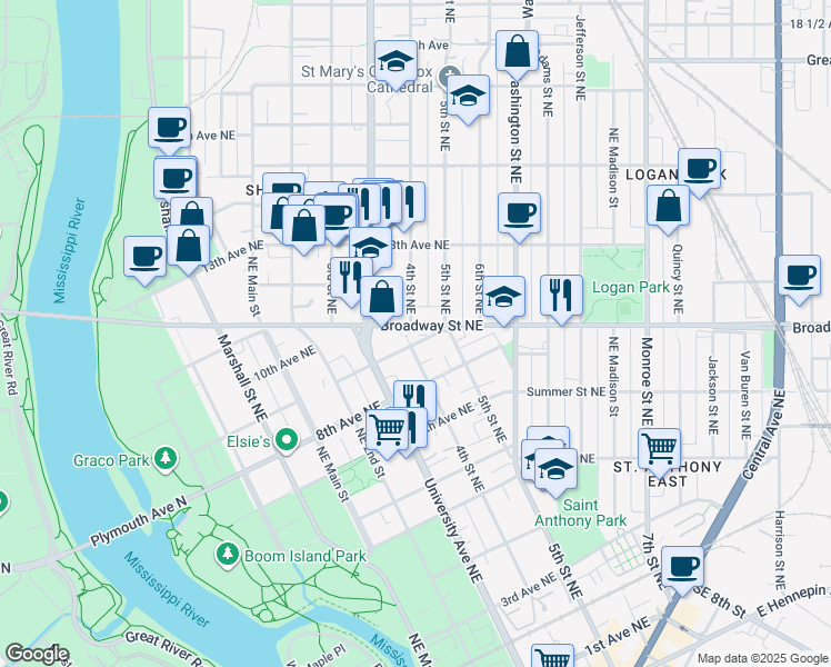 map of restaurants, bars, coffee shops, grocery stores, and more near 901 4th Street Northeast in Minneapolis