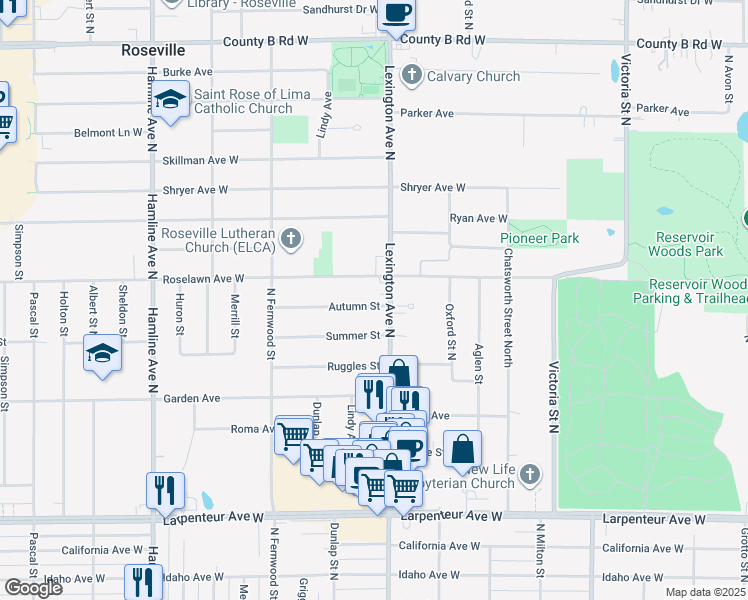 map of restaurants, bars, coffee shops, grocery stores, and more near 1115 Autumn Street in Roseville