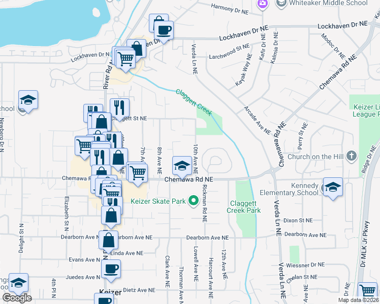 map of restaurants, bars, coffee shops, grocery stores, and more near 5097 10th Avenue Northeast in Keizer