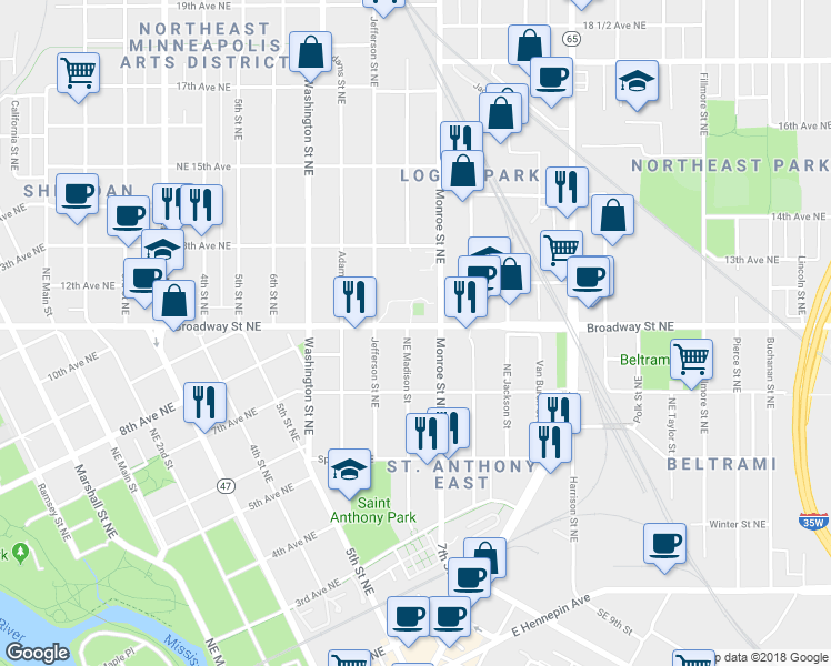 map of restaurants, bars, coffee shops, grocery stores, and more near 680 Broadway Street Northeast in Minneapolis