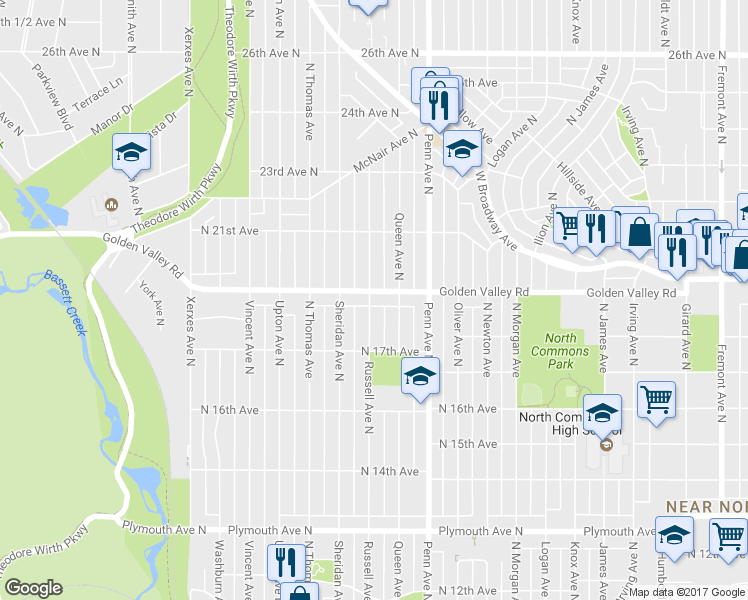 map of restaurants, bars, coffee shops, grocery stores, and more near 2327 Golden Valley Road in Minneapolis