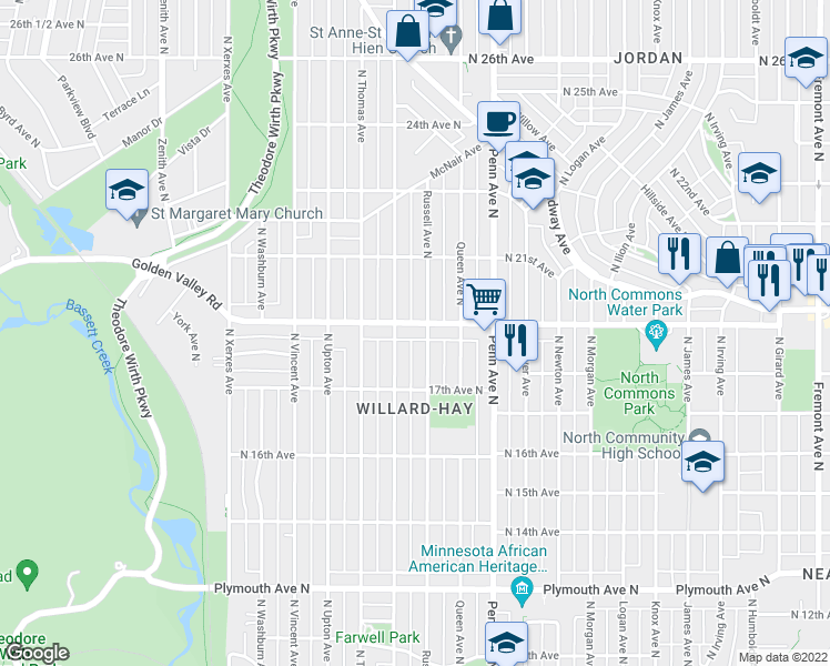 map of restaurants, bars, coffee shops, grocery stores, and more near 2427 Golden Valley Road in Minneapolis