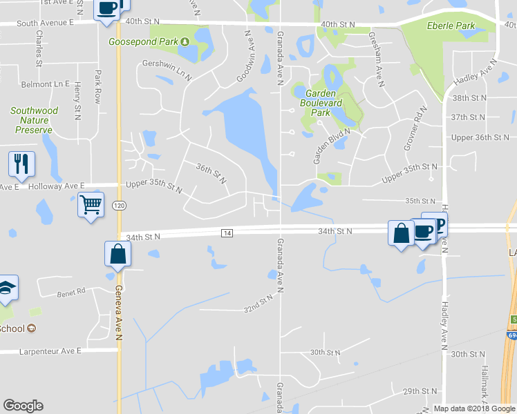 map of restaurants, bars, coffee shops, grocery stores, and more near 6463 35th Street North in Oakdale