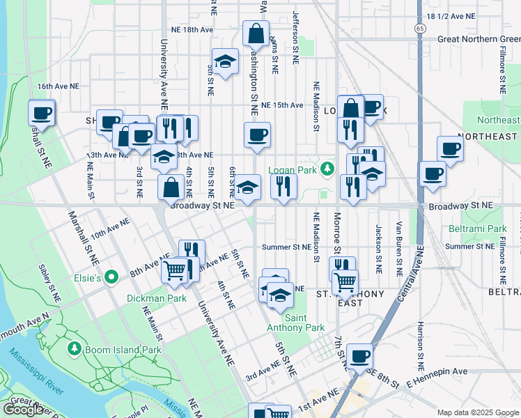 map of restaurants, bars, coffee shops, grocery stores, and more near 759 Washington Street Northeast in Minneapolis