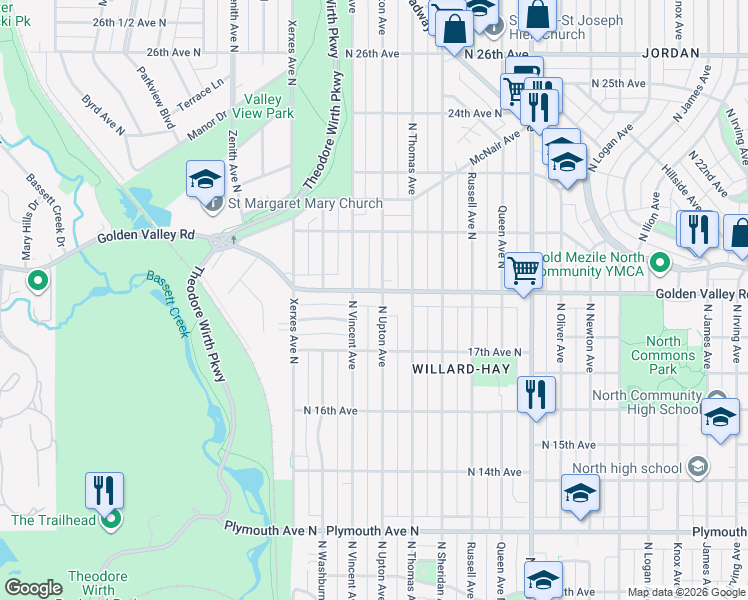 map of restaurants, bars, coffee shops, grocery stores, and more near 2705 Golden Valley Road in Minneapolis