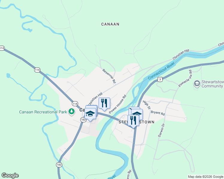map of restaurants, bars, coffee shops, grocery stores, and more near 254 Vermont 253 in Canaan