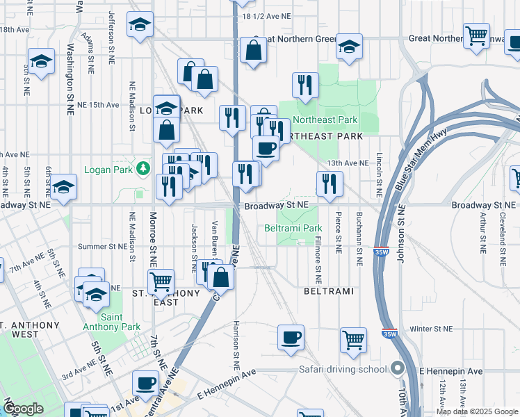 map of restaurants, bars, coffee shops, grocery stores, and more near 1000 Broadway Street Northeast in Minneapolis