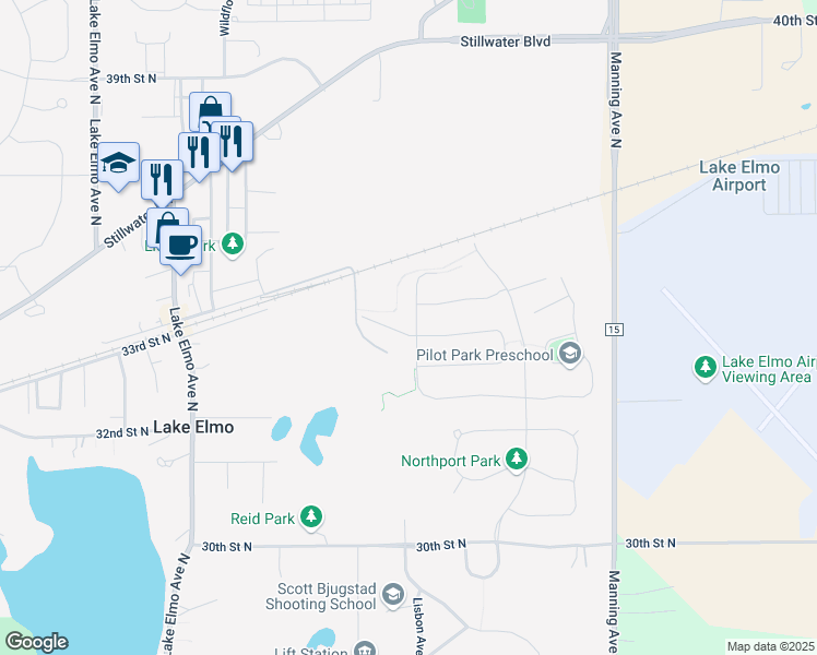 map of restaurants, bars, coffee shops, grocery stores, and more near 11494 34th Street North in Lake Elmo