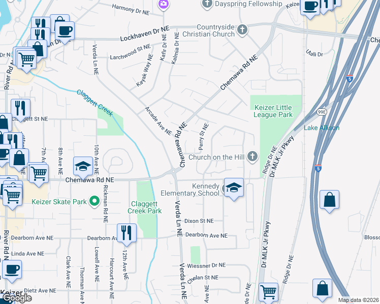 map of restaurants, bars, coffee shops, grocery stores, and more near 5117 Perry Street Northeast in Keizer