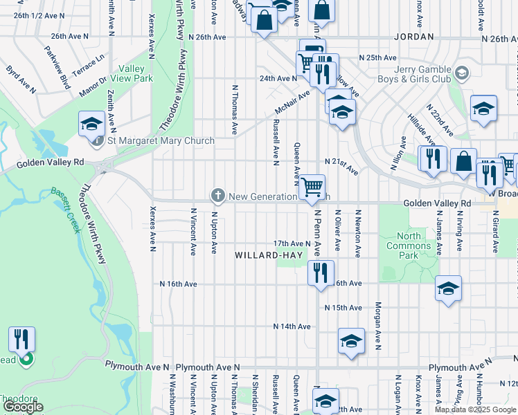 map of restaurants, bars, coffee shops, grocery stores, and more near 2427 Golden Valley Road in Minneapolis