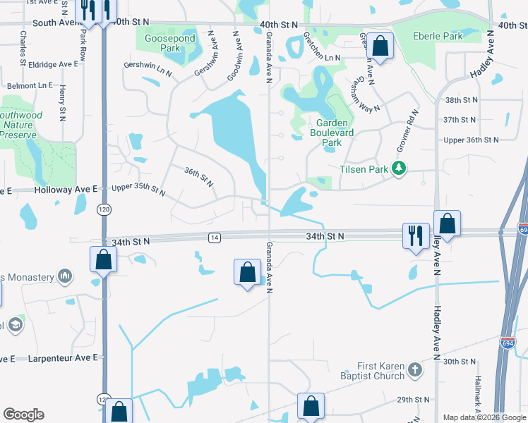 map of restaurants, bars, coffee shops, grocery stores, and more near 6488 Lower 35th Street North in Oakdale