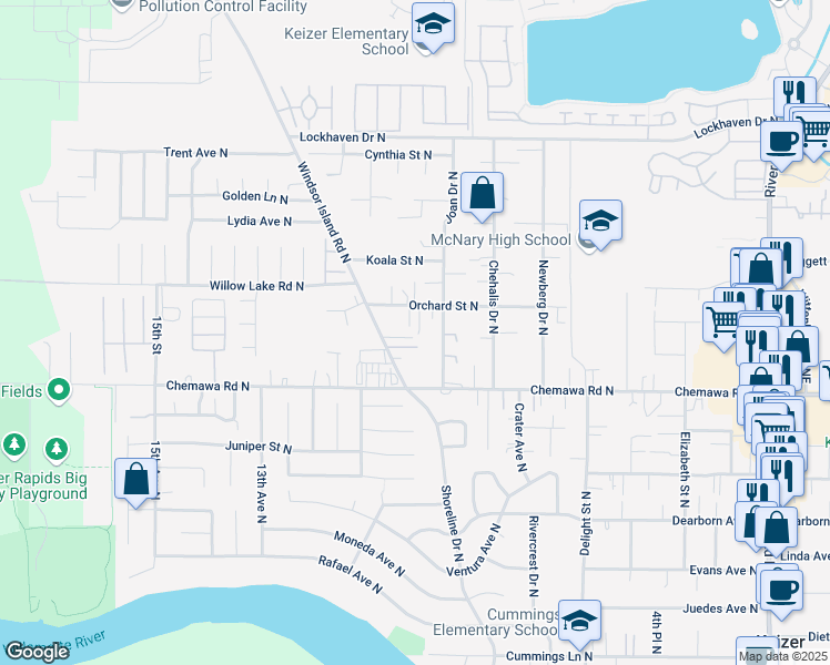 map of restaurants, bars, coffee shops, grocery stores, and more near 938 Orchard Street North in Keizer