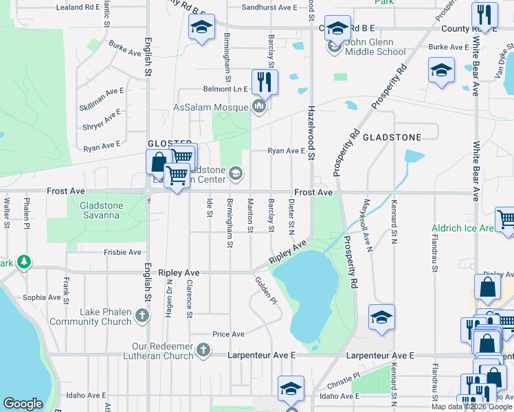 map of restaurants, bars, coffee shops, grocery stores, and more near 1898 Manton Street in Saint Paul