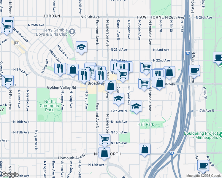 map of restaurants, bars, coffee shops, grocery stores, and more near 1834 North Emerson Avenue in Minneapolis
