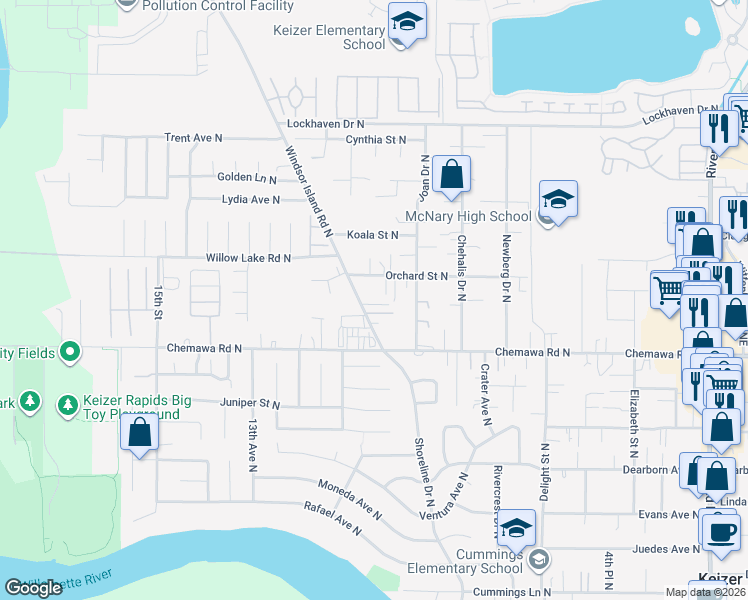 map of restaurants, bars, coffee shops, grocery stores, and more near 938 Orchard Street North in Keizer
