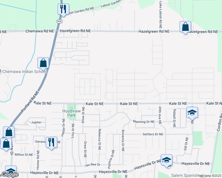 map of restaurants, bars, coffee shops, grocery stores, and more near 5115 Countryside Street Northeast in Salem