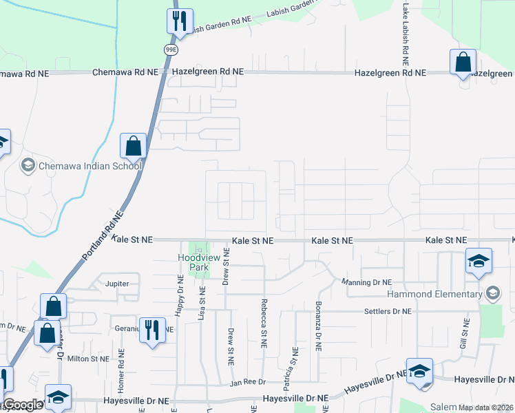 map of restaurants, bars, coffee shops, grocery stores, and more near 5266 Crystal Street Northeast in Salem
