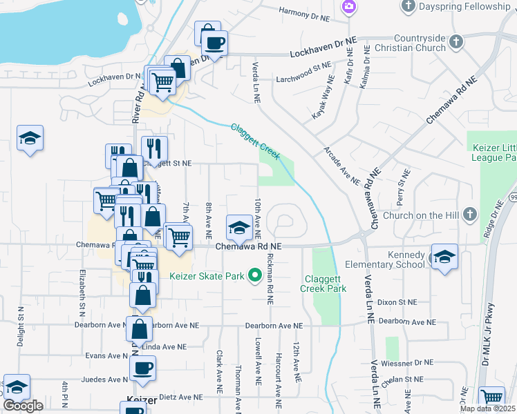 map of restaurants, bars, coffee shops, grocery stores, and more near 5099 10th Avenue Northeast in Keizer