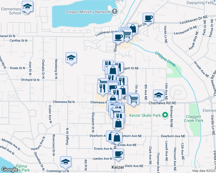 map of restaurants, bars, coffee shops, grocery stores, and more near 5115 River Road North in Keizer
