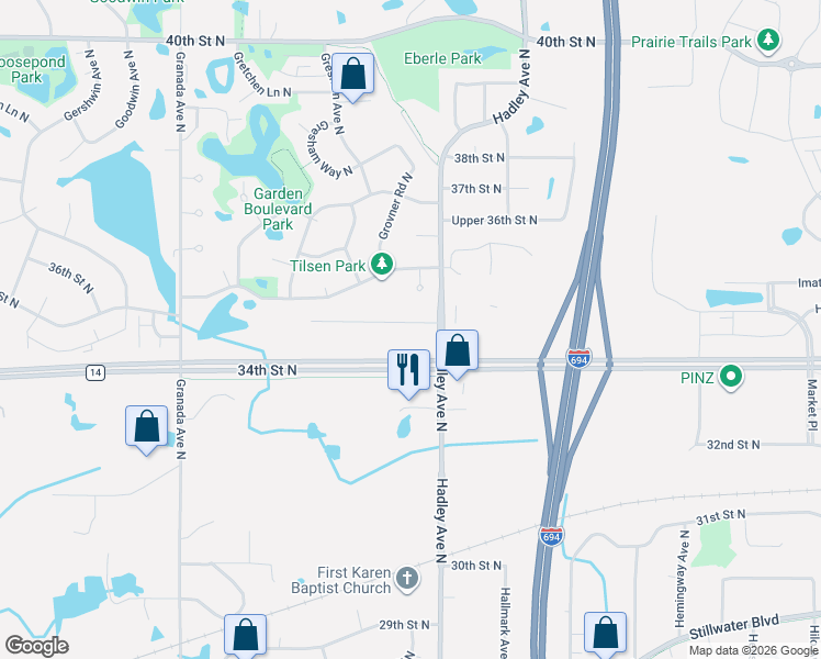 map of restaurants, bars, coffee shops, grocery stores, and more near 6971 35th Street North in Saint Paul