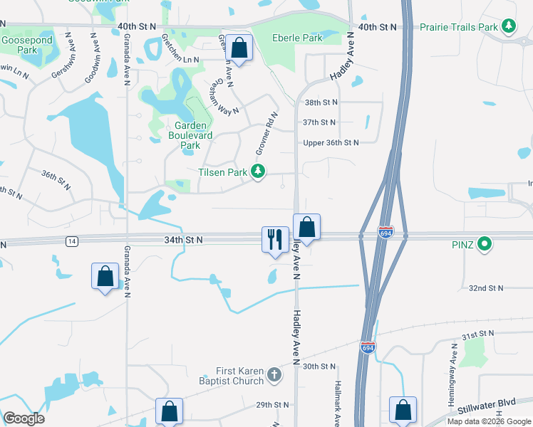 map of restaurants, bars, coffee shops, grocery stores, and more near 6887 35th Street North in Saint Paul