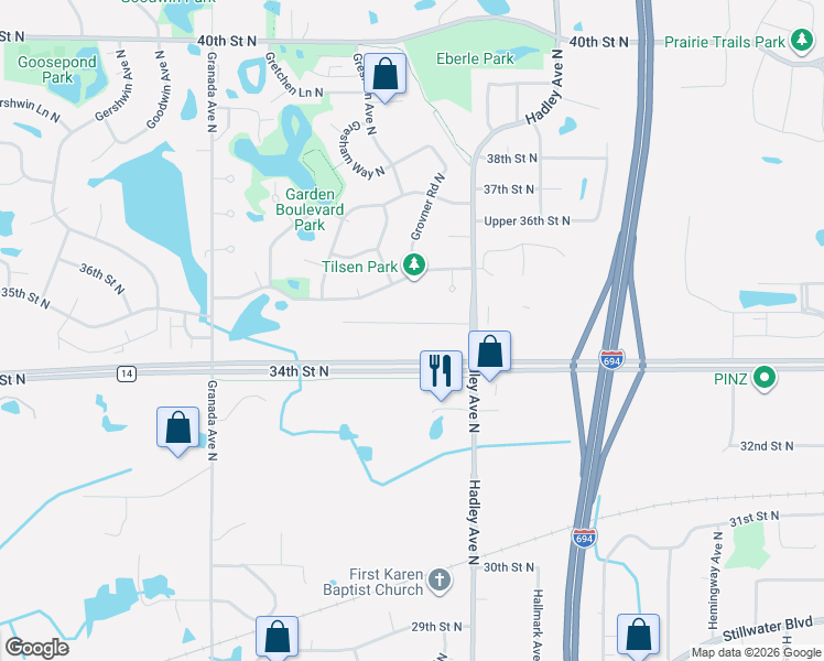 map of restaurants, bars, coffee shops, grocery stores, and more near 6887 35th Street North in Saint Paul