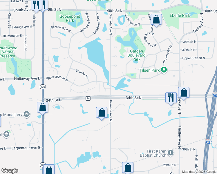 map of restaurants, bars, coffee shops, grocery stores, and more near 6488 Lower 35th Street North in Oakdale
