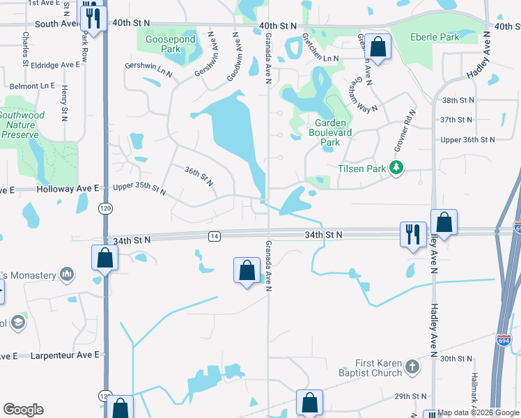 map of restaurants, bars, coffee shops, grocery stores, and more near 6488 Lower 35th Street North in Oakdale