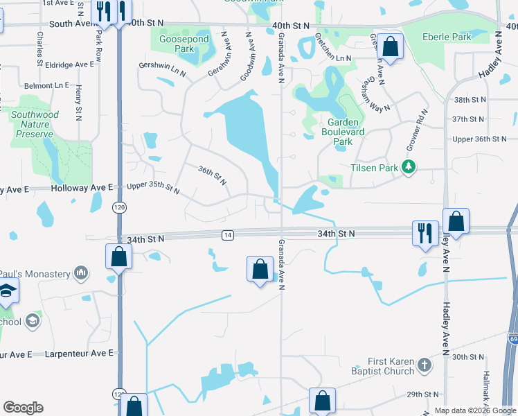 map of restaurants, bars, coffee shops, grocery stores, and more near 6463 35th Street North in Oakdale
